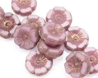 12mm Hibiscus Flower Beads - Pink Opaline with Purple Bronze - Spring Beads for Summer Jewelry - Light Pink Beads for Flower Jewelry (#100)