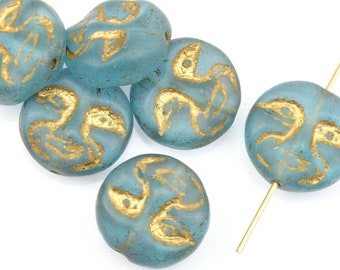 13mm Moon Face Beads - Aqua Blue Transparent Matte with Gold Wash Czech Glass Coin Beads by Ravens Journey - Celestial Moon Beads  #005