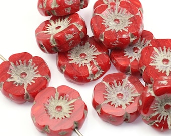 12mm Hibiscus Flower Beads - Bright Red Opaline Mix with Light Grey Wash  - Czech Glass Flower Beads for Spring Jewelry #177