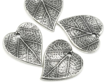 Dark Antique Silver Charms - Double Sided Heart Leaf Charms - 15mm x 17mm Autumn Leaves by TierraCast for Fall Jewelry Making (P1715)