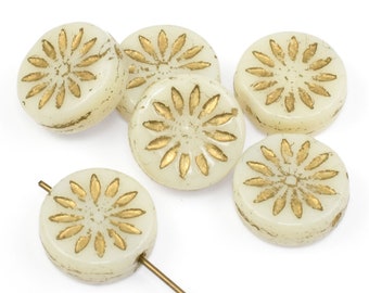 12mm Aster Flower Coin Beads - Ivory Opaque with Gold Wash Czech Glass Beads by Ravens Journey - Pressed Glass Cream and Gold  Beads - #459