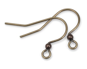 48 Pieces of ANTIQUE BRASS Earring Wires with 2mm Ball Accents - Brass Oxide Plated Earring Ear Findings - Medium/Large French Hooks   FB702