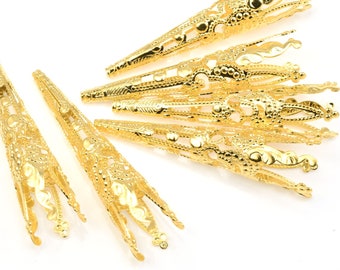 24 Bright Gold Beadcaps 40mm Tall Shiny Gold Bead Caps - Tall Cone Filigree Gold Plated Beadcaps Bali Style Bead Cap