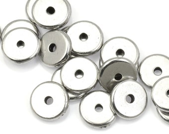 100 Bead Bulk Bag - 8mm Dark Antique Silver Beads - TierraCast 8mm Disk Washer Heishi Beads - Antique Pewter Flat Disk Beads    PS538