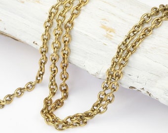 25 Foot Bulk Spool Delicate ANTIQUE GOLD Chain - 2mm x 3mm Fine Link Cable Chain - Dark Gold Chain for Jewelry and Necklaces - USA Made