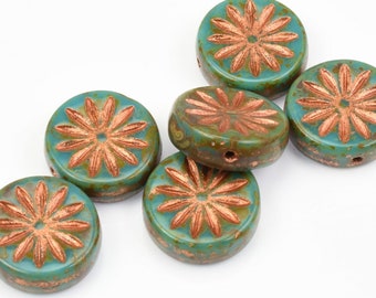 12mm Aster Flower Coin Beads - Rustic Teal Turquoise Opaque with Picasso Finish and Copper Wash Czech Glass Beads by Ravens Journey - #956