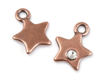 Tiny Antique Copper Star Charm with Clear Crystal - TierraCast Copper Charm - 11mm x 14mm Celestial Flat Star Drop (P2673)