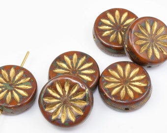 12mm Aster Flower Coin Beads - Mustard Orange Opaque with Picasso Finish and Gold Wash Czech Glass Beads by Ravens Journey - Red Brown #947