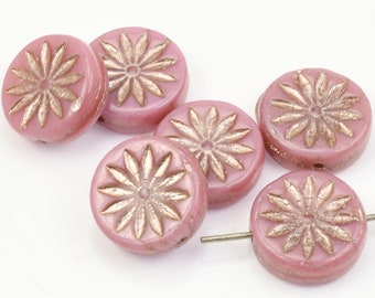 12mm Aster Flower Coin Beads - Pink Silk with Platinum Wash Czech Glass Beads by Ravens Journey - Rose Pink Flower Beads #461