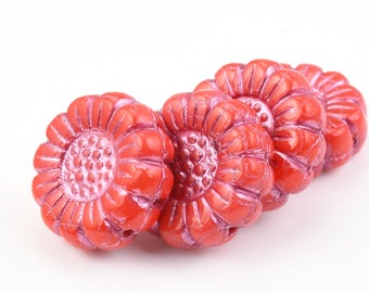 13mm Sunflower Beads - Coral Red Opaque with Pink Wash Czech Glass Beads - Warm Red Sun Flower Beads by Raven's Journey (#040)