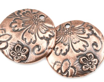 Antique Copper Pendant - TierraCast Flora Pendant with Flowers for Boho Bohemian Jewelry - 22mm Copper Charm (P1772)