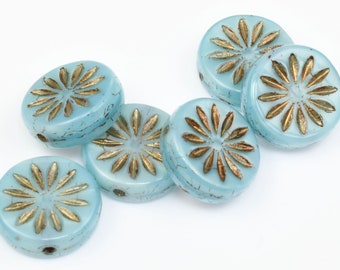 12mm Aster Flower Coin Beads - Sky Blue Silk with Dark Bronze Wash Czech Glass Beads by Ravens Journey - Pastel Light Blue Flower Beads #951