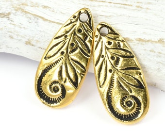 Antique Gold Charms Silver Tear Drop TierraCast JARDIN TEARDROP Floral Nature Charm with Swirly Vine Motif Bohemian Charms (P2504)