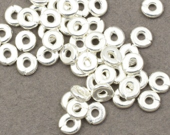 50 Silver Spacers 4mm Bright Silver Beads - TierraCast Pewter Kenyan Heishi Beads Silver Notched Metal Beads (PS43)