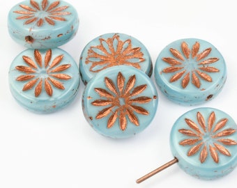 12mm Aster Flower Coin Beads - Sky Blue Silk with Copper Wash Czech Glass Beads by Ravens Journey - Pastel Light Blue Flower Beads #960