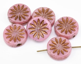 12mm Aster Flower Coin Beads - Pink Silk with Dark Bronze Wash Czech Glass Beads by Ravens Journey - Dusty Rose Pink Flower Beads #450