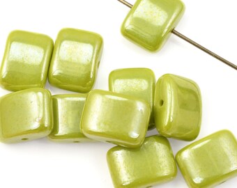 12mm x 8mm Short Rectangle Czech Glass Beads - Gaspeite Green Opaque with White Luster - Ravens Journey Glass Beads #753