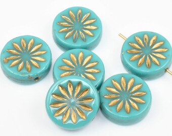 12mm Aster Flower Coin Beads - Blue Turquoise Opaque with Gold Wash Czech Glass Beads by Ravens Journey - Aqua Blue Flower Beads #946