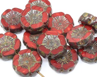 12mm Hibiscus Flower Beads - Dark Red Opaline Mix with Picasso Finish - Czech Glass Flower Beads for Spring Jewelry #183