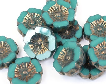 Perles de fleurs d'hibiscus 12 mm - Bleu sarcelle foncé, vert turquoise opaque avec finition bronze - Perles de fleurs en verre tchèque pour bijoux de printemps #189