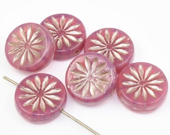 12mm Aster Flower Coin Beads - Pink Opaline with Platinum Wash Czech Glass Beads by Ravens Journey - Rose Pink Flower Beads #937