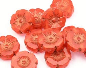 Perles de fleurs d'hibiscus 12 mm - Mélange d'opaline rouge-orange avec lavage cuivre - Perles de fleurs en verre tchèque jacinthe pour bijoux de printemps #171