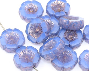 12mm Hibiscus Flower Beads - Blue Flower Beads Sapphire Blue Opaline with Purple Bronze - Czech Glass Flower Beads for Spring Jewelry #187