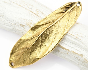 2" Antique Gold Leaf Link - Double Hole Large Leaf Bracelet Link - 3 Dimensional 50mm Centerpiece for Autumn Fall Jewelry