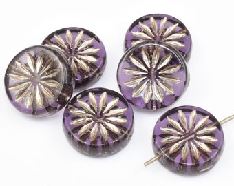 12mm Aster Flower Coin Beads - Tanzanite Purple Transparent with Platinum Wash Czech Glass Beads by Ravens Journey - Dark Purple Beads #940