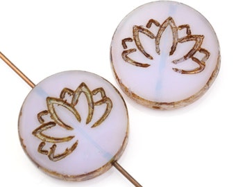 18mm Lotus Bead - Czech Glass Coin Shaped Bead -  Lilac Purple Opaline with Picasso Finish - Meditation Beads for Yoga Jewelry Making #902