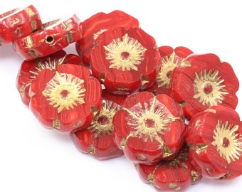 Abalorios de flores de hibisco de 12 mm - Mezcla de opalina roja brillante con lavado de oro - Abalorios de flores de vidrio checo para joyería de primavera #163