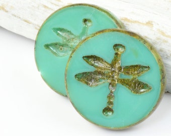 18mm Dragonfly Beads - Turquoise Opaque with Picasso Finish - Light Blue Green Beads for Jewelry Making - Nature Insect Beads #072