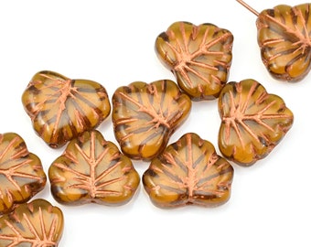 Brown Leaf Beads - 13mm x 11mm Czech Glass Maple Leaf Beads by Raven's Journey - Amber Transparent with Copper Wash  (#396)