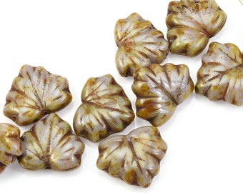 Gold Smoky Topaz Leaf Beads - 13mm x 11mm Czech Glass Maple Leaf Beads by Raven's Journey - Purple Opaque with Picasso Fullcoat  (#449)