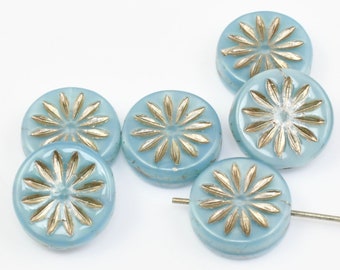 12mm Aster Flower Coin Beads - Sky Blue Silk with Platinum Wash Czech Glass Beads by Ravens Journey - Pastel Light Blue Flower Beads #938