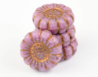 13mm Sunflower Beads - Pink Silk with Dark Bronze Wash Czech Glass Beads - Dusty Rose Pink Sun Flower Beads by Raven's Journey (#019)