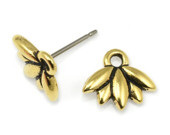 Antique Gold Post Earring by TierraCast - Lotus Flower Earring Posts - Gold Ear Findings for Meditation Jewelry (P2498)