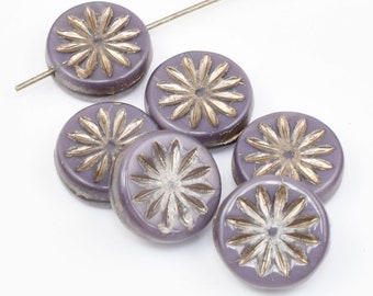 12mm Aster Flower Coin Beads - Purple Silk with Platinum Wash Czech Glass Beads by Ravens Journey - Light Purple Flower Beads #936