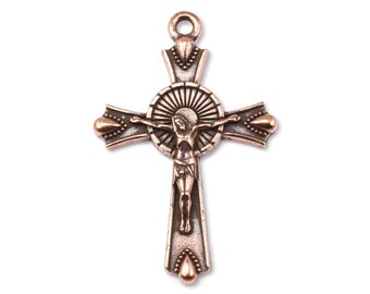 TierraCast Crucifix Pendant - 29mm x 44mm Large Antique Copper Pendant for Faith Jewelry - Rosary Pendant (P2617)