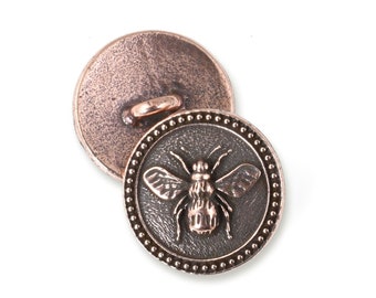 TierraCast Bee Button Clasp for Leather Jewelry - Antique Copper Button Findings - Honey Bee Summer Pollinator Closure (P1987)