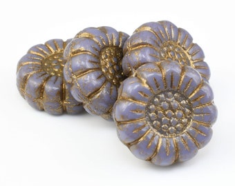 Perles de tournesol 13 mm - Violet opaque avec perles de verre tchèque délavées bronze foncé - Perles de fleurs de soleil lavande poudré par Raven's Journey (#018)