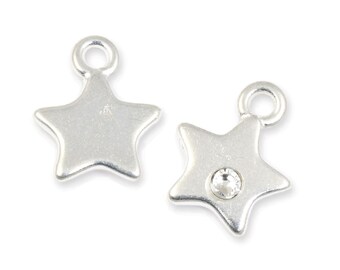 Tiny Silver Star Charm with Clear Crystal - TierraCast Bright Silver Charm - 11mm x 14mm Celestial Flat Star Drop (P2669)