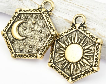 Sun and Moon Pendant - Antique Gold Pendant - TierraCast Celestial Collection - 21.5mm x 28.5mm Rerversible Double Sided Pendant (P1780)