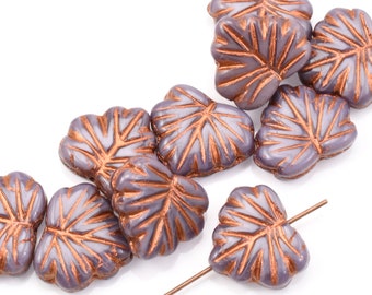 Purple Leaf Beads - 13mm x 11mm Czech Glass Maple Leaf Beads by Raven's Journey - Purple Silk with Copper Wash  (#389)