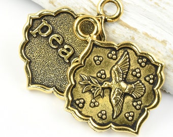 TierraCast Peace Dove Pendant - 25mm x 30mm Antique Gold Pendant - Dove with Olive Branch Charm (P2587)