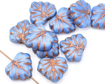 Blue Leaf Beads - 13mm x 11mm Czech Glass Maple Leaf Beads by Raven's Journey - Blue Denim Silk with Copper Wash   (#401)