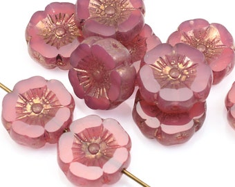 Perle de fleur d'hibiscus 12 mm - Perle de fleur rose vieux rose - Opalin rose avec finition bronze - Perle de fleur en verre tchèque pour bijoux de printemps #188