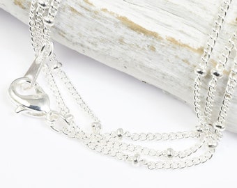 Bulk Bag of 12 - Thin Delicate 24" Finished Necklace Chain - Bright Silver Chain for Jewelry  Skinny 1mm Thick with 2mm Bead Satellite Chain