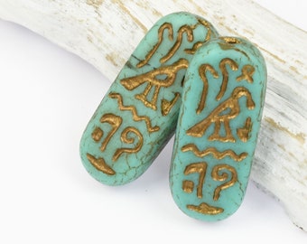Egyptian Cartouche Glass Beads - 25mm x 10mm Oval Beads - Turquoise Opaque Matte with Dark Bronze Wash - Czech Beads by Ravens Journey #851