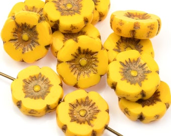 12mm Hibiscus Flower Beads - Yellow Flower Beads Yellow Opaque with Dark Bronze Wash - Czech Glass Flower Beads for Spring Jewelry #178